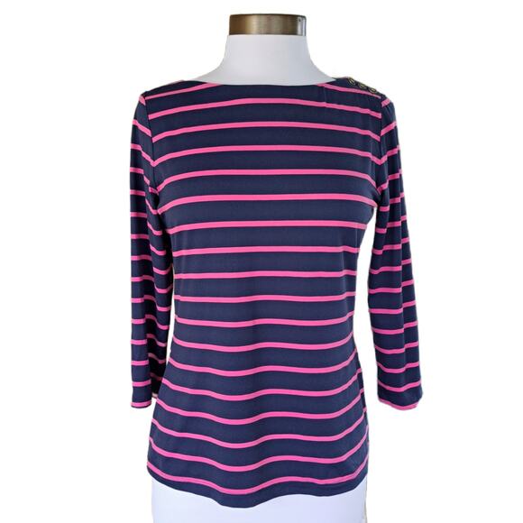 J McLaughlin Navy Blue & Pink Stripe Wavesong Tee Top Size Small 3/4 Sleeve - Picture 1 of 8